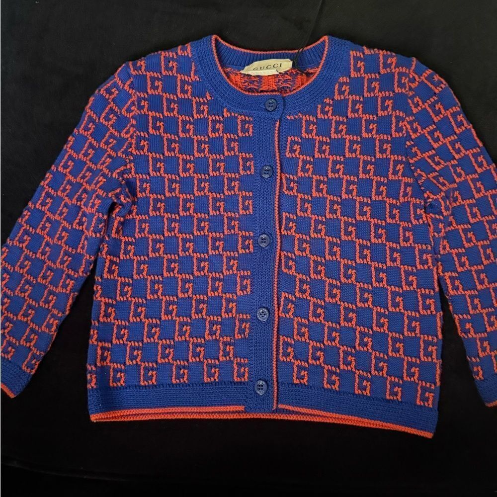 NWT Gucci baby Blue and Red Geometric Knit cardigan 9/12 months unisex